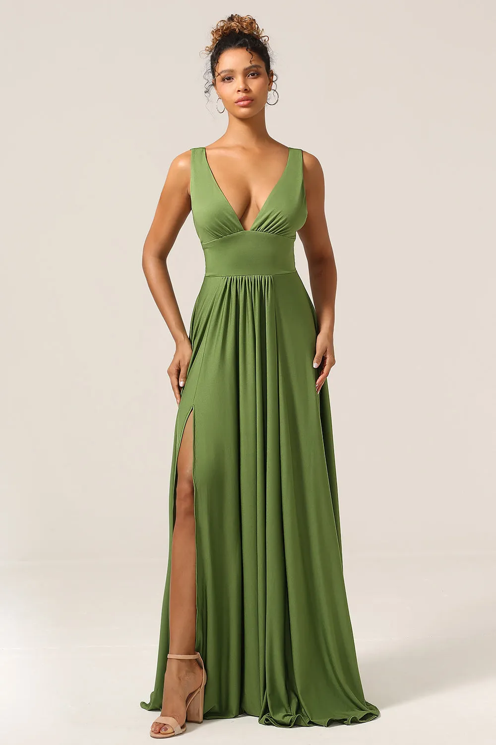 Olive A-Line Deep V-neck Spandex Floor Length Bridesmaid Dress with Slit sold by Wedtrend product image thumbnail 4
