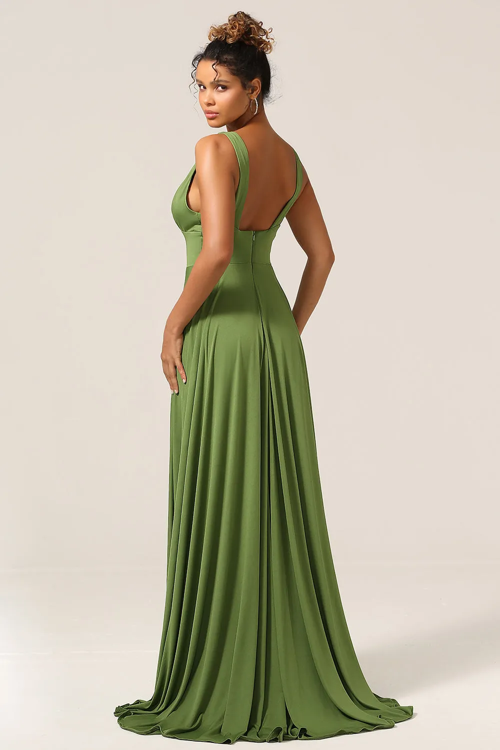 Olive A-Line Deep V-neck Spandex Floor Length Bridesmaid Dress with Slit sold by Wedtrend product image thumbnail 2