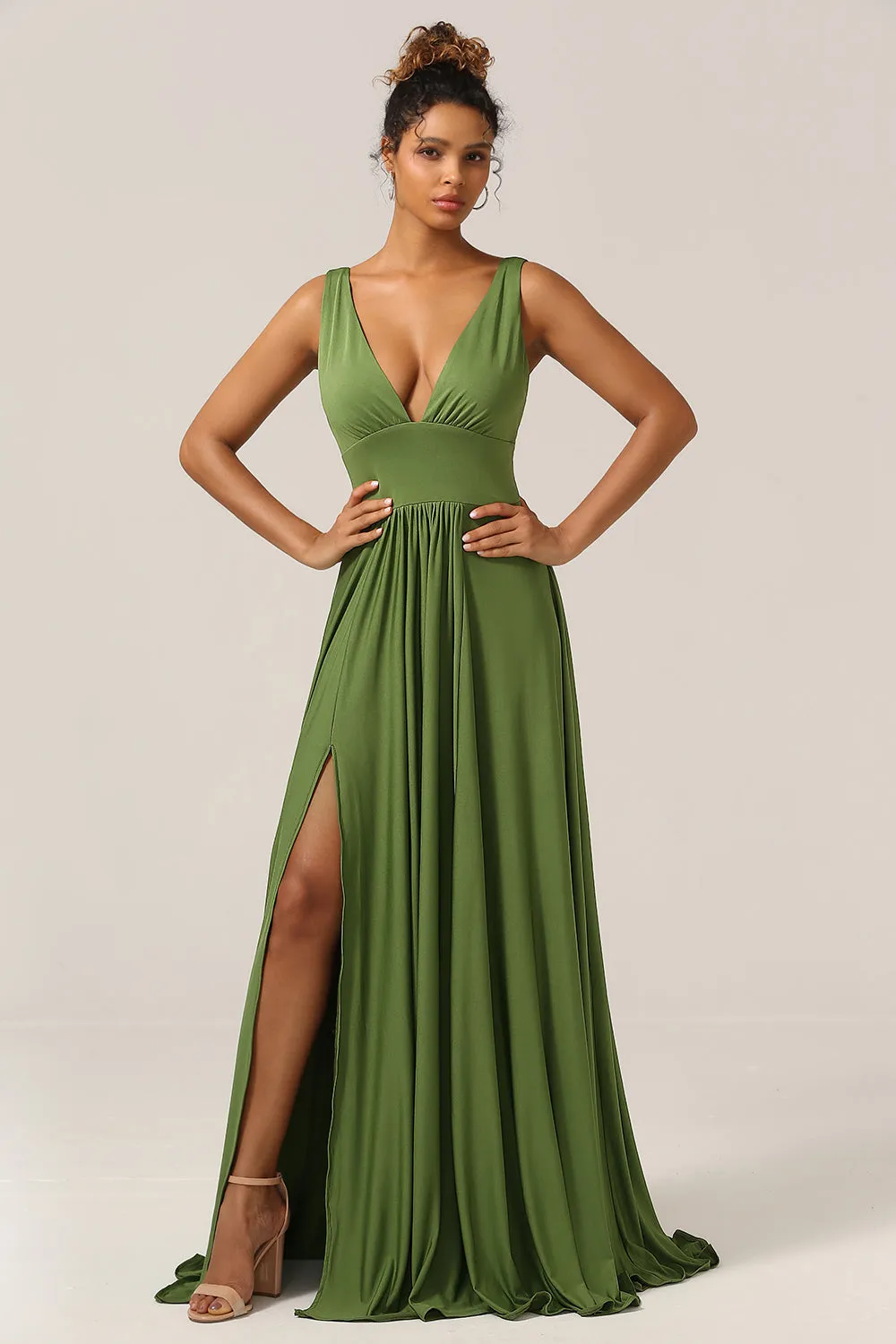 Olive A-Line Deep V-neck Spandex Floor Length Bridesmaid Dress with Slit sold by Wedtrend product image thumbnail 3