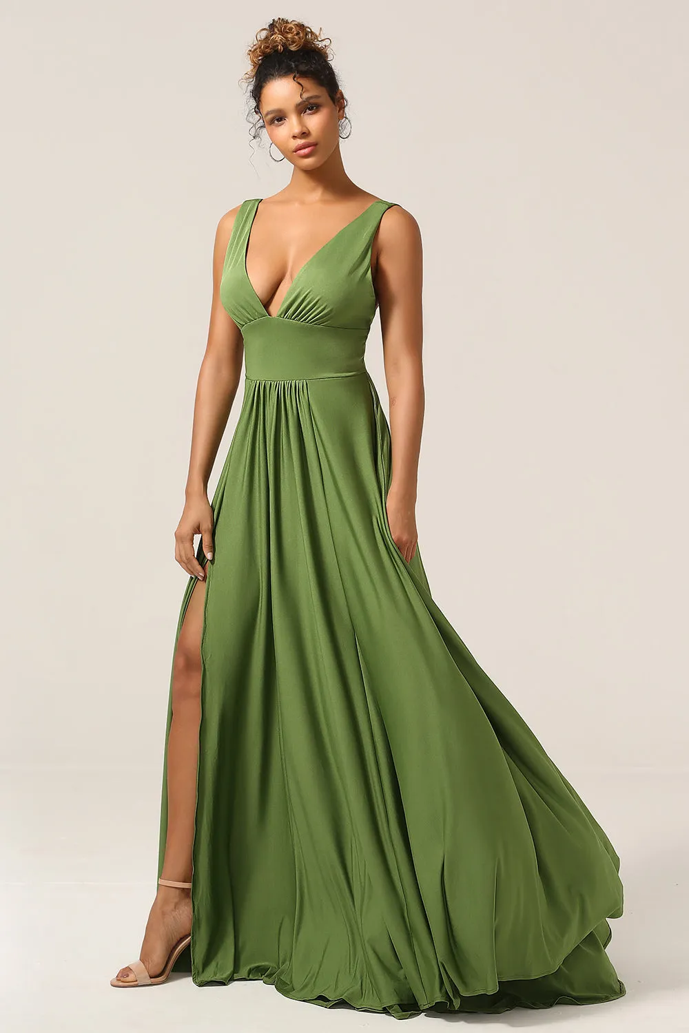 Olive A-Line Deep V-neck Spandex Floor Length Bridesmaid Dress with Slit sold by Wedtrend product image thumbnail 5