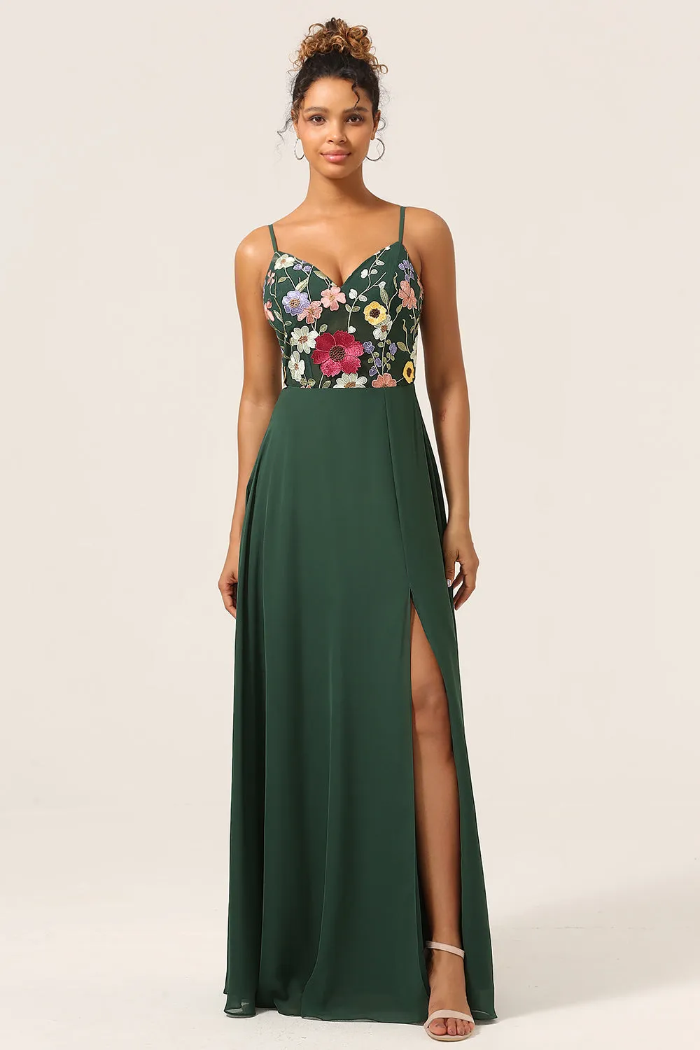 Dark Green A-Line Spaghetti Straps Chiffon Bridesmaid Dress with 3D Flowers sold by Wedtrend