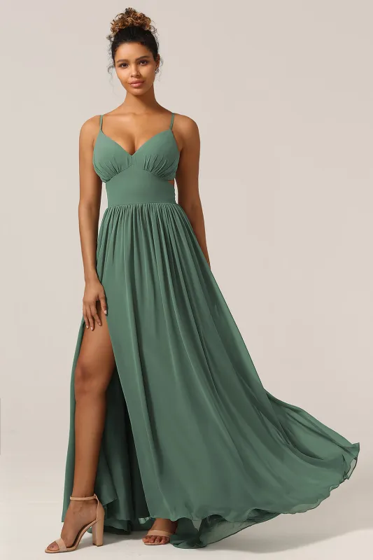 Eucalyptus A-Line Spaghetti Straps Floor Length Chiffon Bridesmaid Dress with Slit sold by Wedtrend