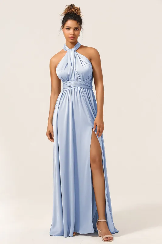 Dusty Blue A-Line Convertible Floor Length Satin Bridesmaid Dress sold by Wedtrend