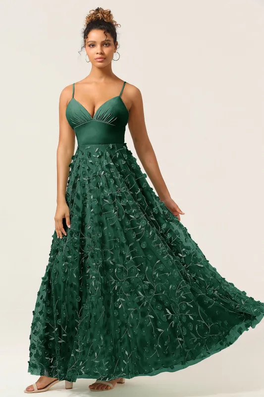 Dark Green A-Line Spaghetti Straps Satin Long Bridesmaid Dress sold by Wedtrend