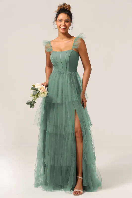 Eucalyptus A Line Spaghetti Straps Floor Length Tulle Bridesmaid Dress sold by Wedtrend