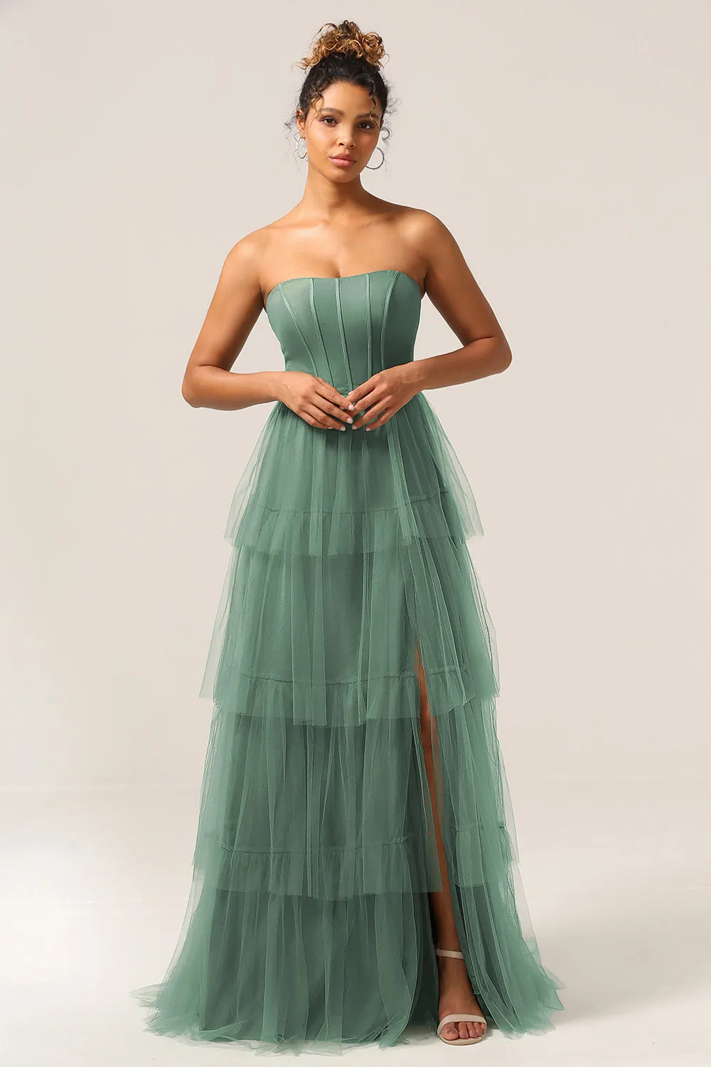 Eucalyptus A Line Spaghetti Straps Floor Length Tulle Bridesmaid Dress sold by Wedtrend product image thumbnail 3