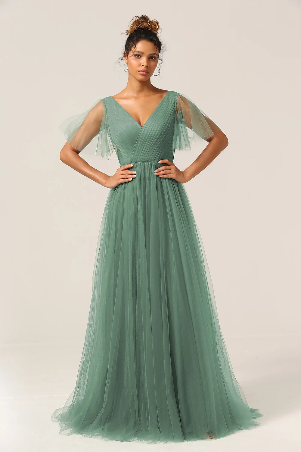 Eucalyptus A Line V Neck Open Back Floor Length Tulle Bridesmaid Dress sold by Wedtrend product image thumbnail 3
