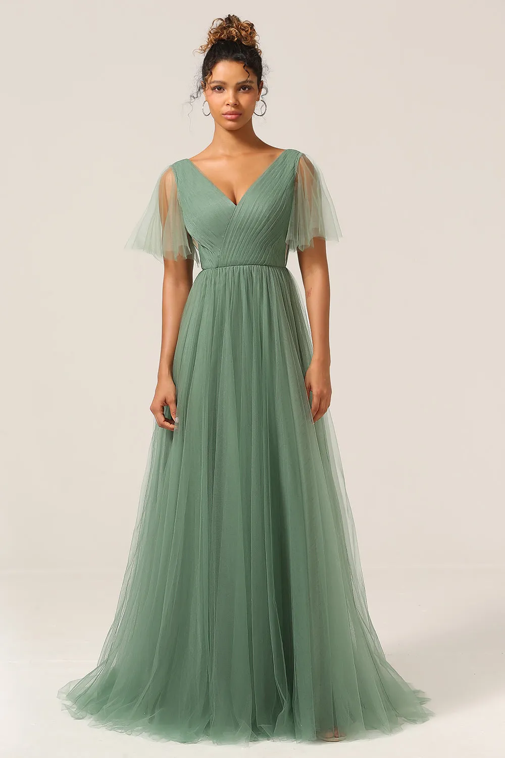 Eucalyptus A Line V Neck Open Back Floor Length Tulle Bridesmaid Dress sold by Wedtrend product image thumbnail 4