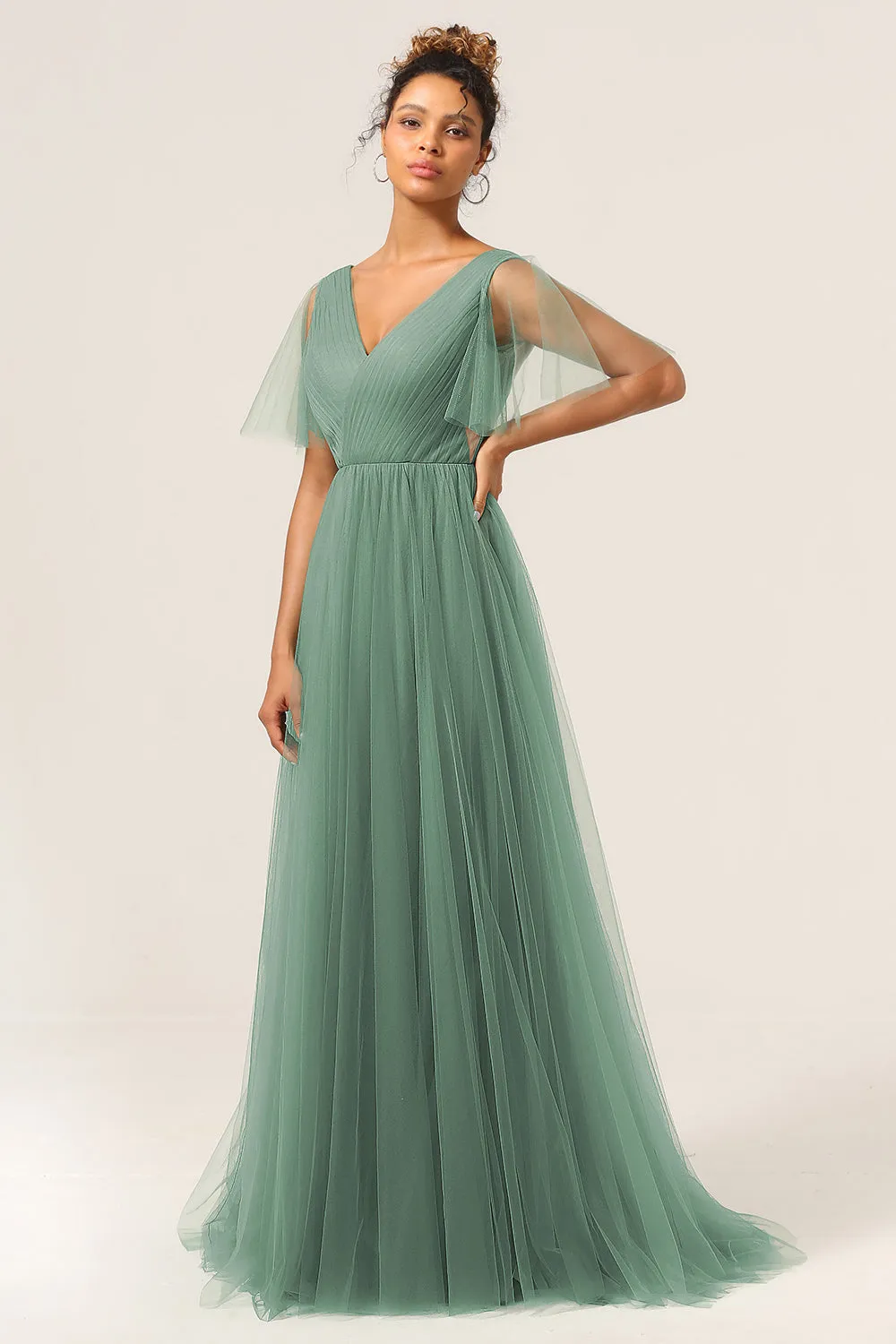 Eucalyptus A Line V Neck Open Back Floor Length Tulle Bridesmaid Dress sold by Wedtrend product image thumbnail 5
