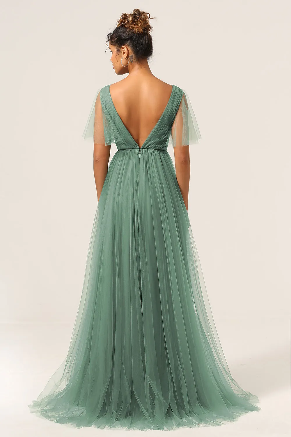 Eucalyptus A Line V Neck Open Back Floor Length Tulle Bridesmaid Dress sold by Wedtrend product image thumbnail 2