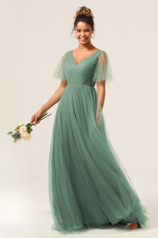 Eucalyptus A Line V Neck Open Back Floor Length Tulle Bridesmaid Dress sold by Wedtrend