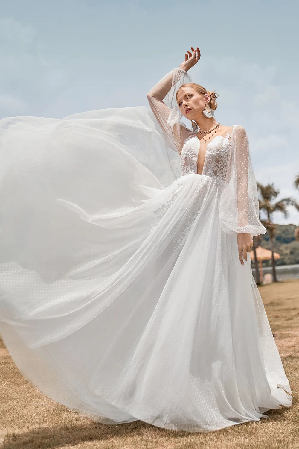 Ivory A Line V Neck Court Train Tulle Wedding Dress with Long Sleeves sold by Wedtrend product image thumbnail 5