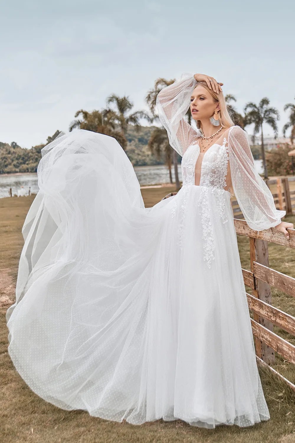 Ivory A Line V Neck Court Train Tulle Wedding Dress with Long Sleeves sold by Wedtrend product image thumbnail 4