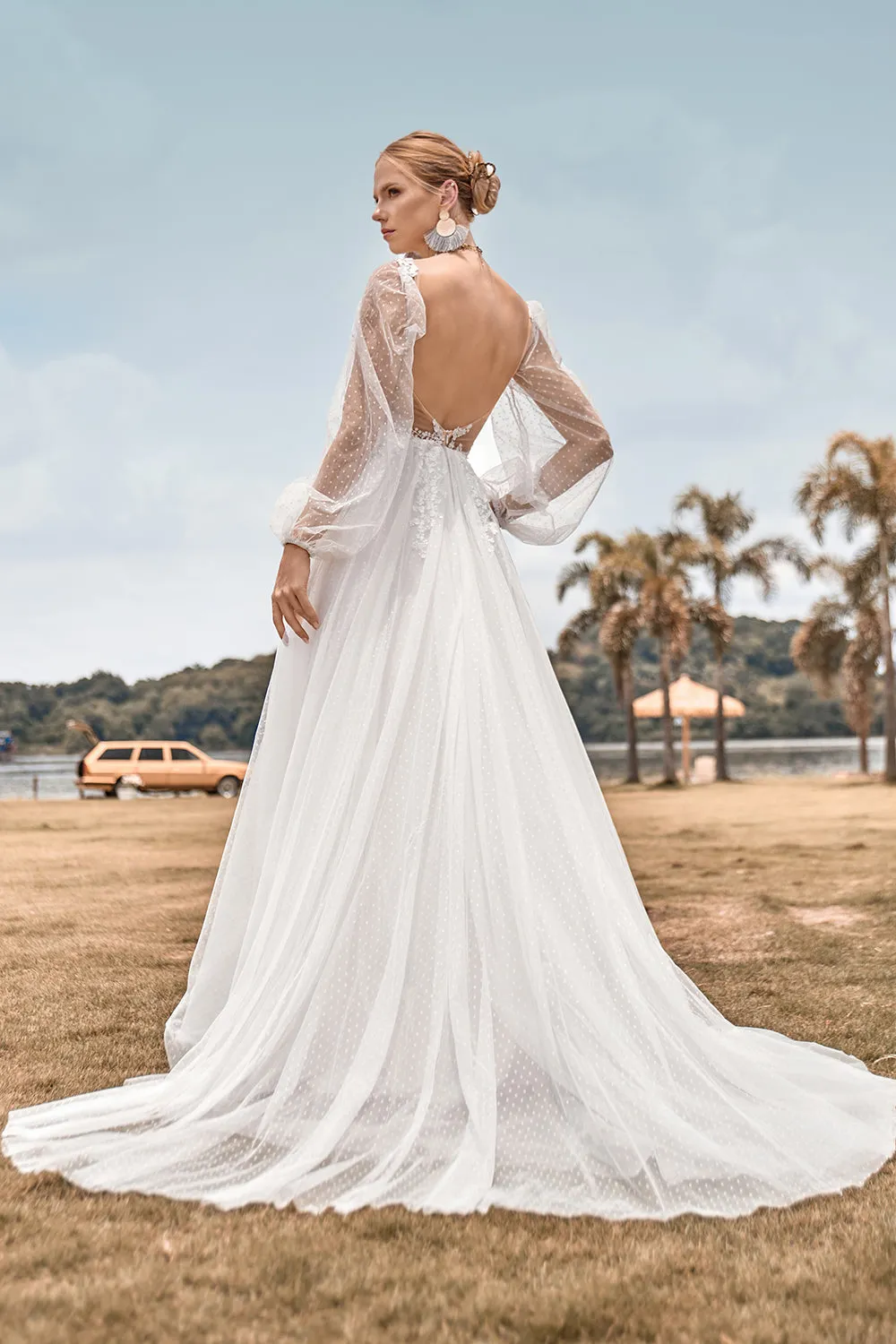 Ivory A Line V Neck Court Train Tulle Wedding Dress with Long Sleeves sold by Wedtrend product image thumbnail 2