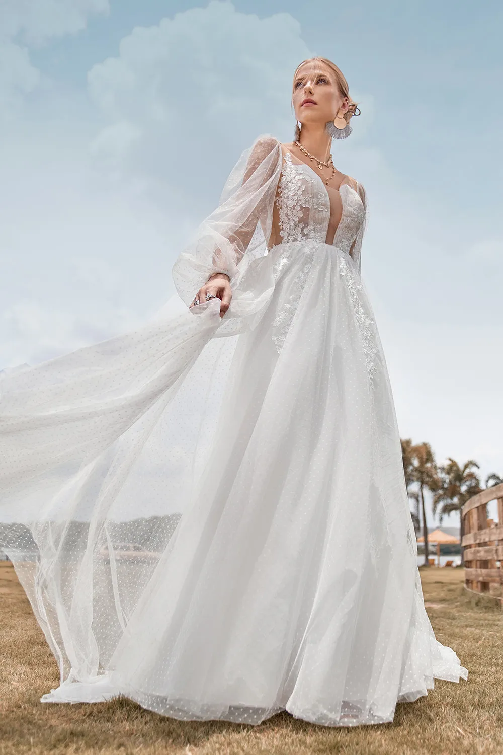Ivory A Line V Neck Court Train Tulle Wedding Dress with Long Sleeves sold by Wedtrend product image thumbnail 3