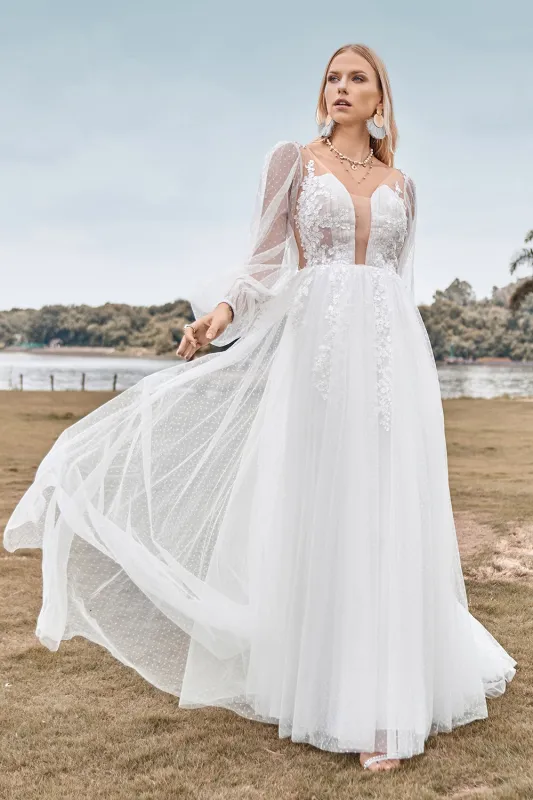 Ivory A Line V Neck Court Train Tulle Wedding Dress with Long Sleeves made by Wedtrend