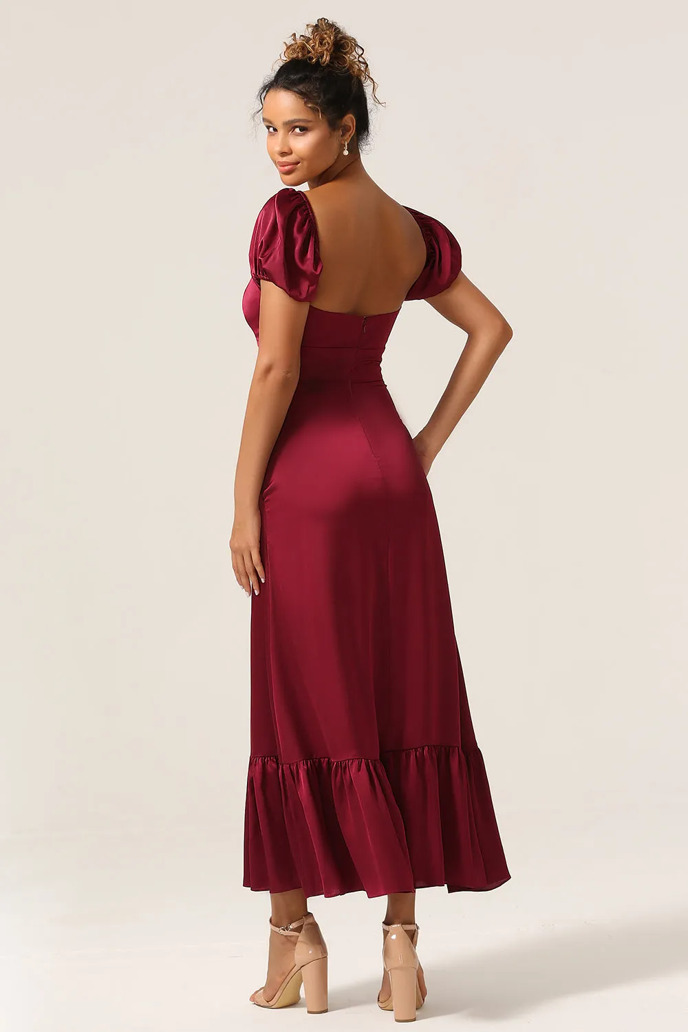 Burgundy Sheath Square Neck Tea-Length Satin Bridesmaid Dress with Ruffles sold by Wedtrend product image thumbnail 2