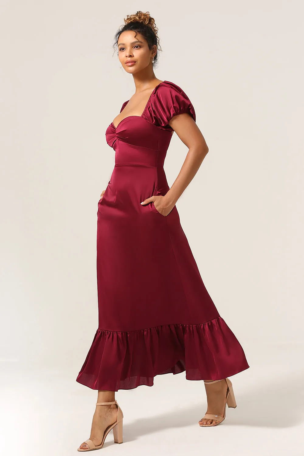 Burgundy Sheath Square Neck Tea-Length Satin Bridesmaid Dress with Ruffles sold by Wedtrend product image thumbnail 4