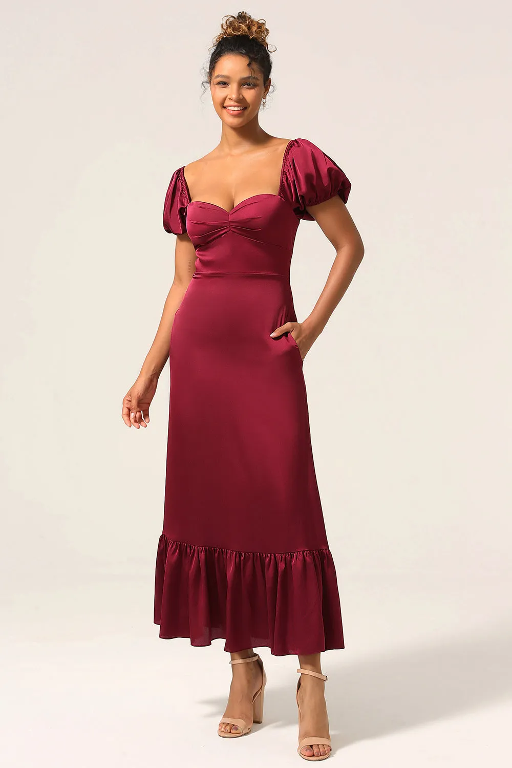 Burgundy Sheath Square Neck Tea-Length Satin Bridesmaid Dress with Ruffles sold by Wedtrend product image thumbnail 3