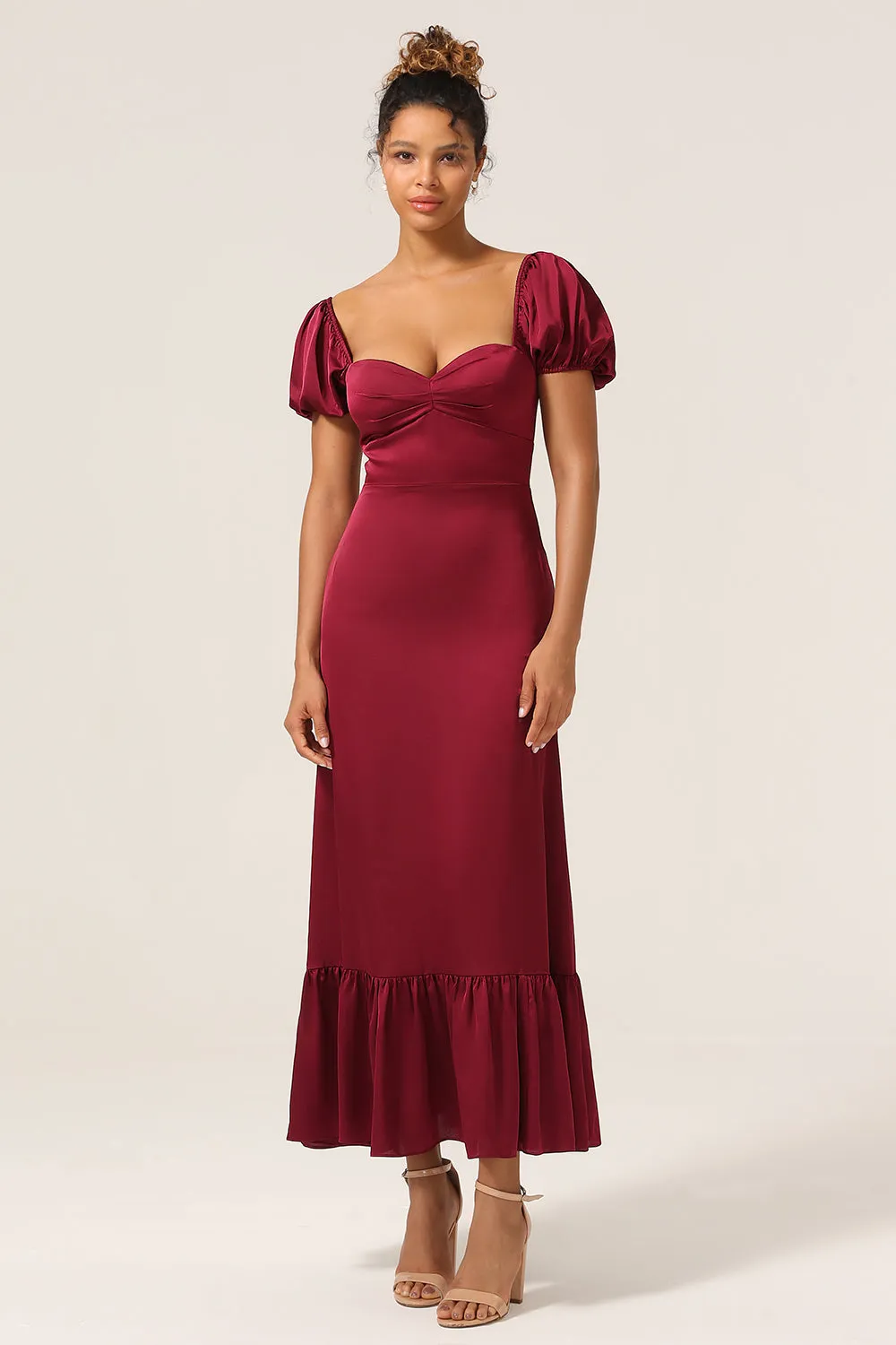 Burgundy Sheath Square Neck Tea-Length Satin Bridesmaid Dress with Ruffles sold by Wedtrend