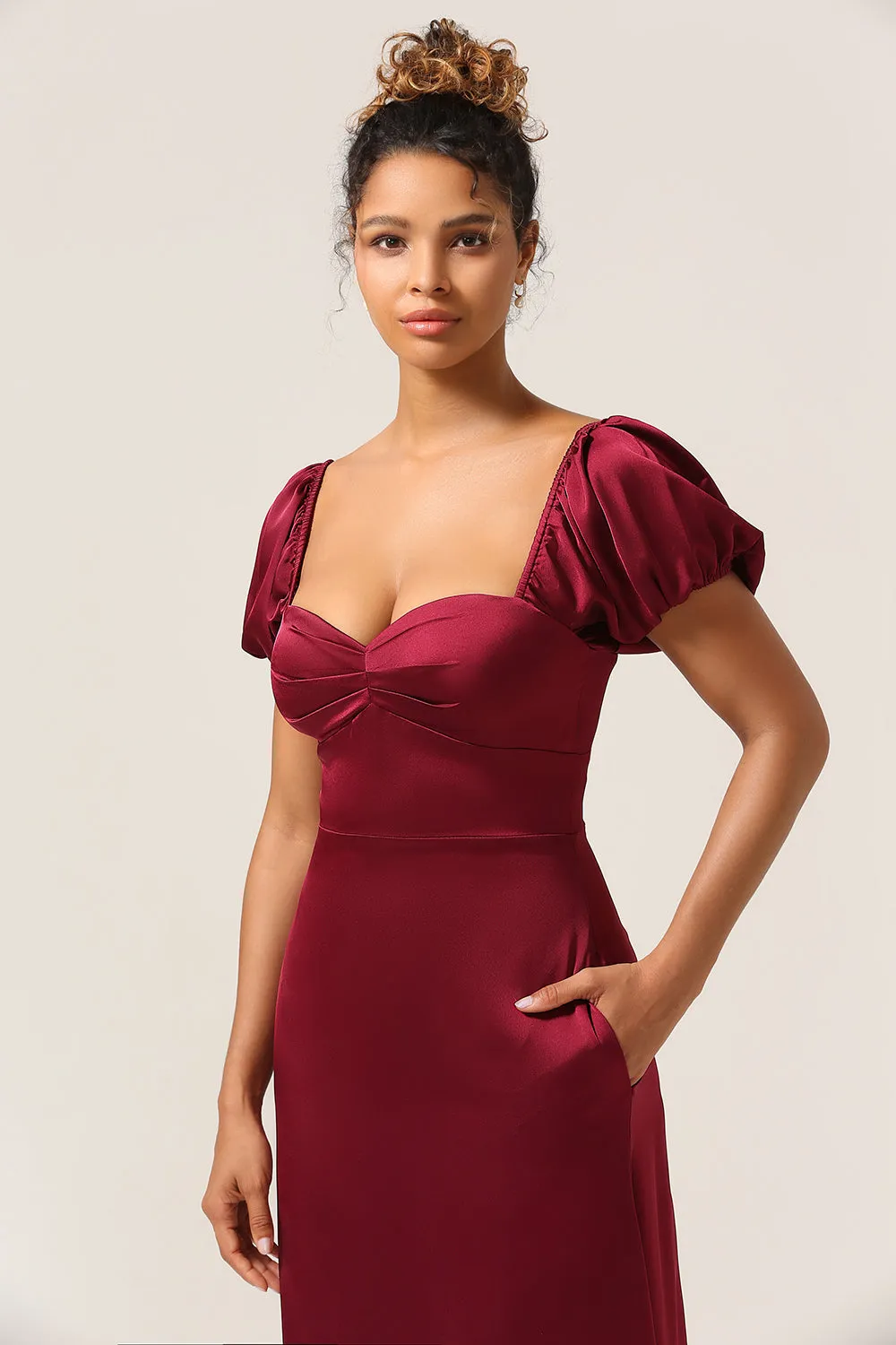 Burgundy Sheath Square Neck Tea-Length Satin Bridesmaid Dress with Ruffles sold by Wedtrend product image thumbnail 5