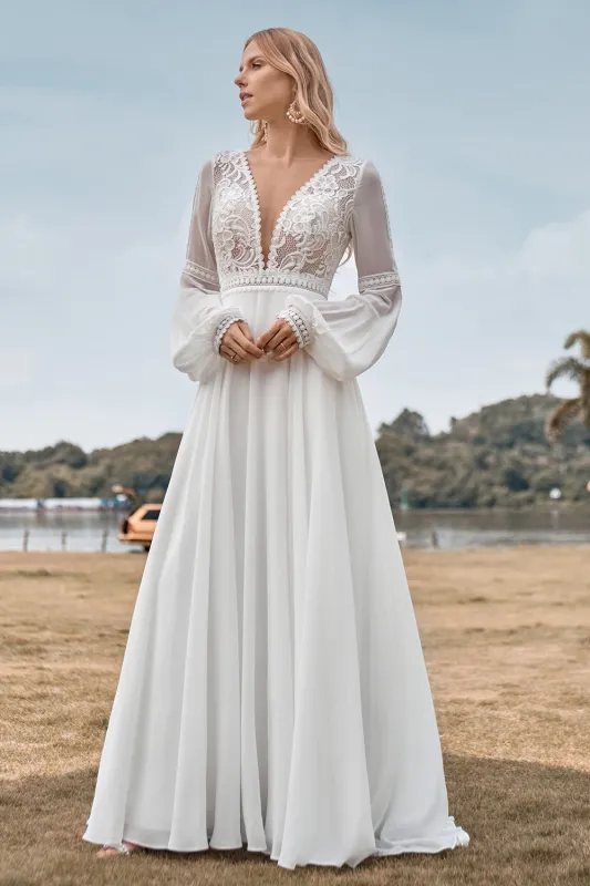 Ivory A Line Deep V Neck Sweep Train Lace Wedding Dress sold by Wedtrend
