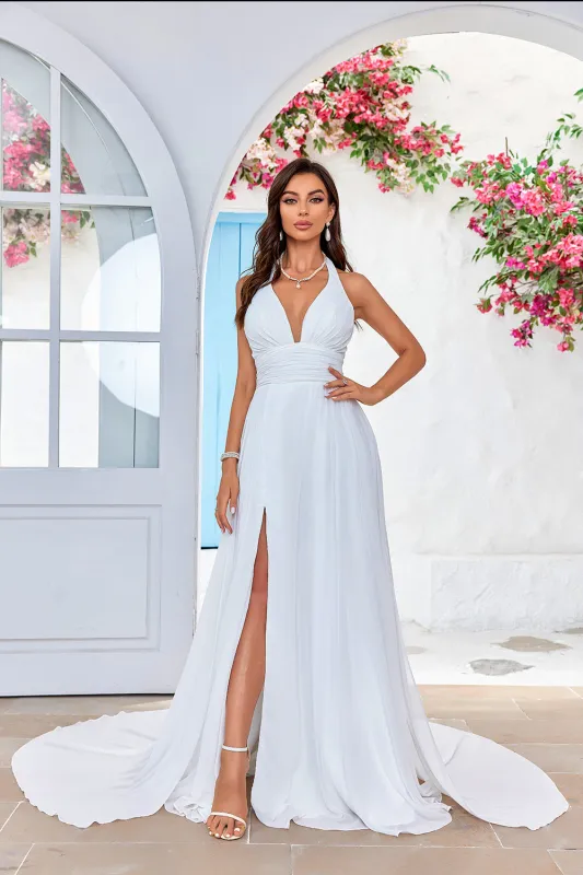 Ivory A Line Halter Court Train Wedding Dress with Sleeveless sold by Wedtrend
