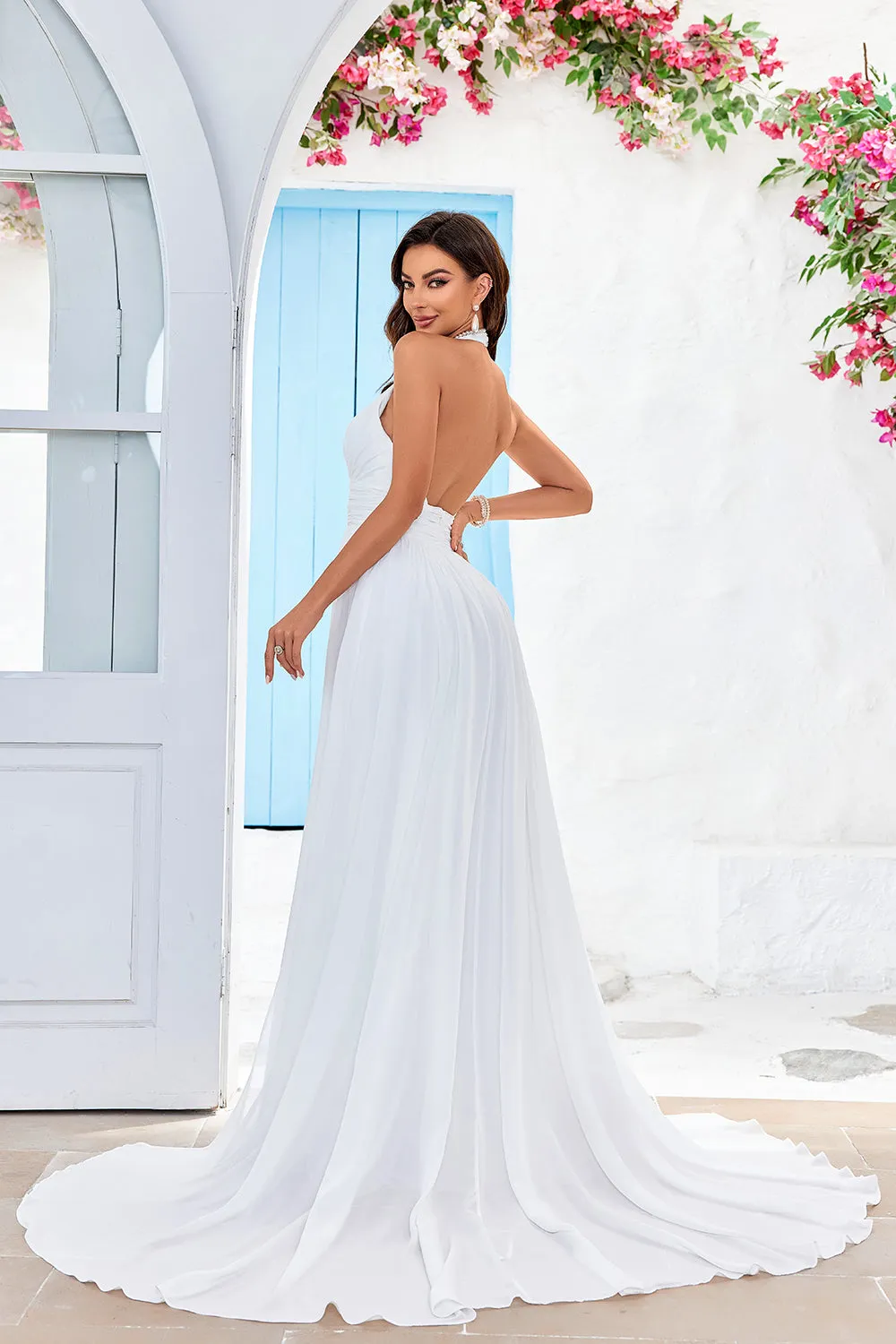 Ivory A Line Halter Court Train Wedding Dress with Sleeveless sold by Wedtrend product image thumbnail 5