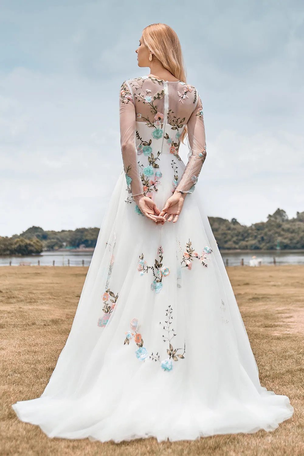 Ivory Flower A-Line Round Neck Sweep Train Wedding Dress with Long Sleeves sold by Wedtrend product image thumbnail 4