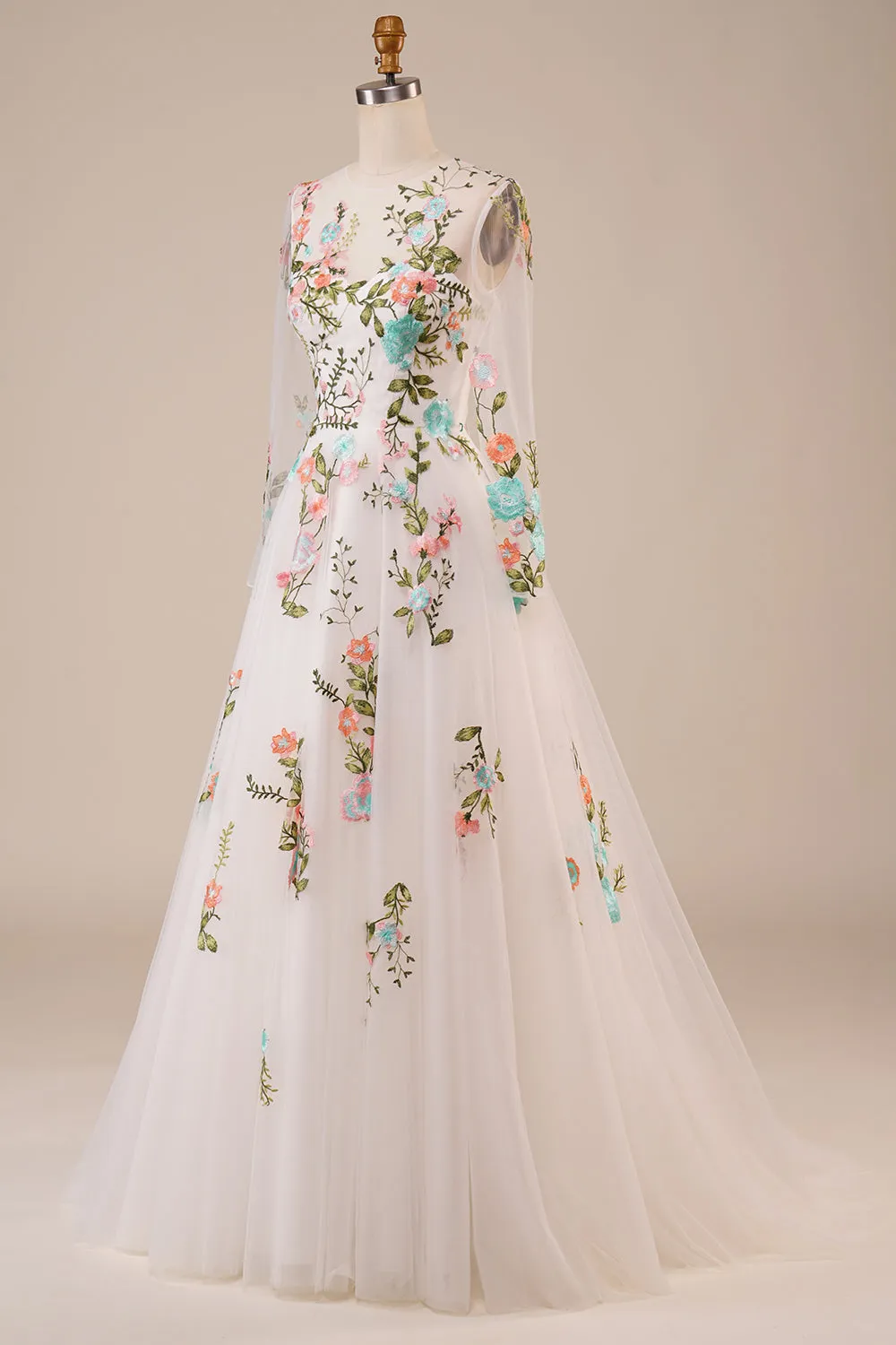 Ivory Flower A-Line Round Neck Sweep Train Wedding Dress with Long Sleeves sold by Wedtrend product image thumbnail 5