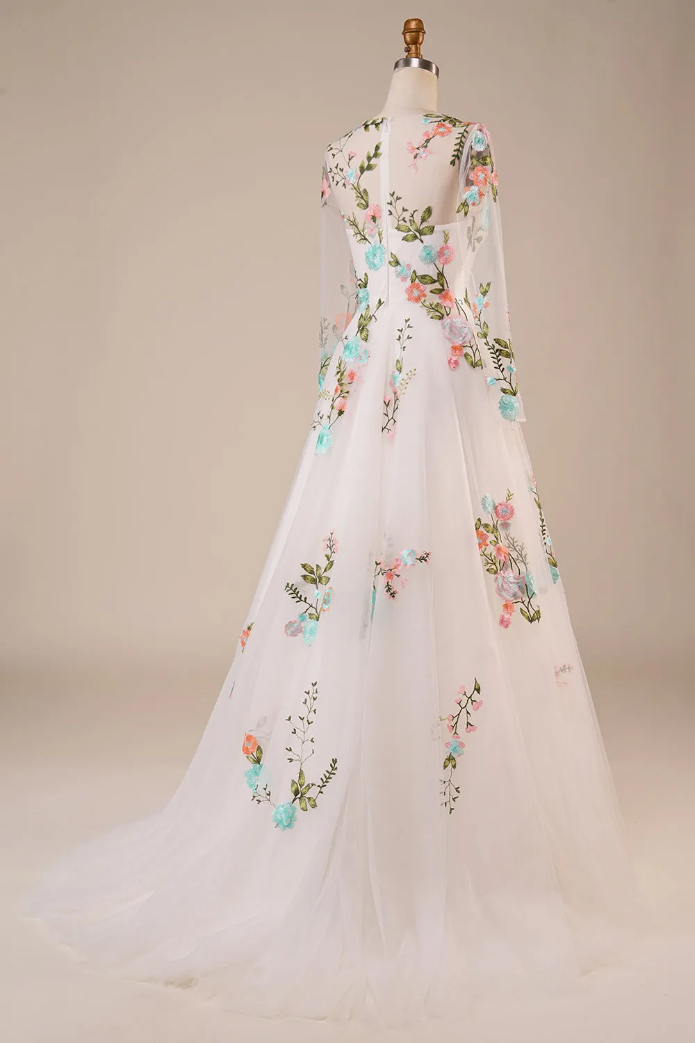 Ivory Flower A-Line Round Neck Sweep Train Wedding Dress with Long Sleeves sold by Wedtrend product image thumbnail 2