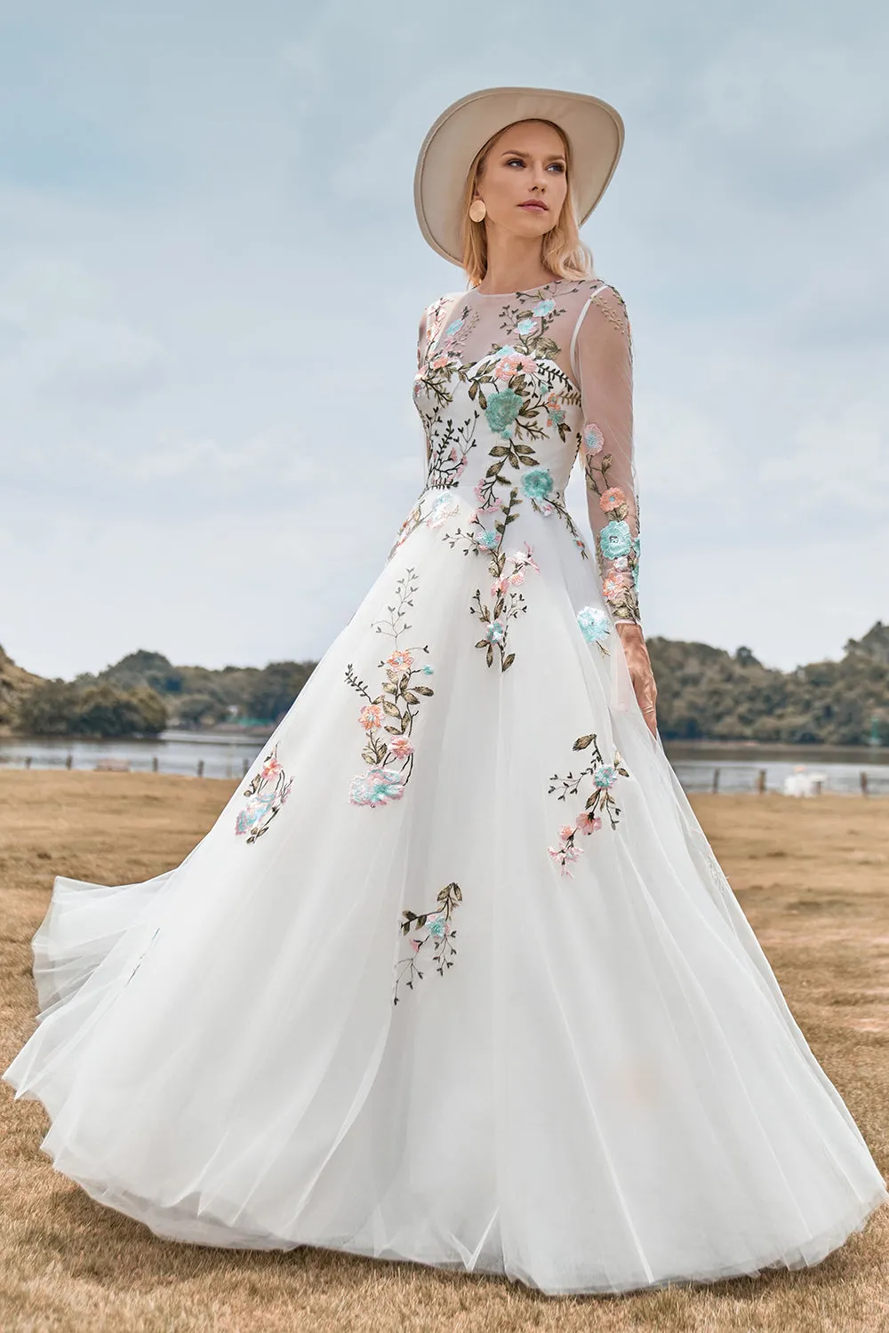 Ivory Flower A-Line Round Neck Sweep Train Wedding Dress with Long Sleeves sold by Wedtrend product image thumbnail 3