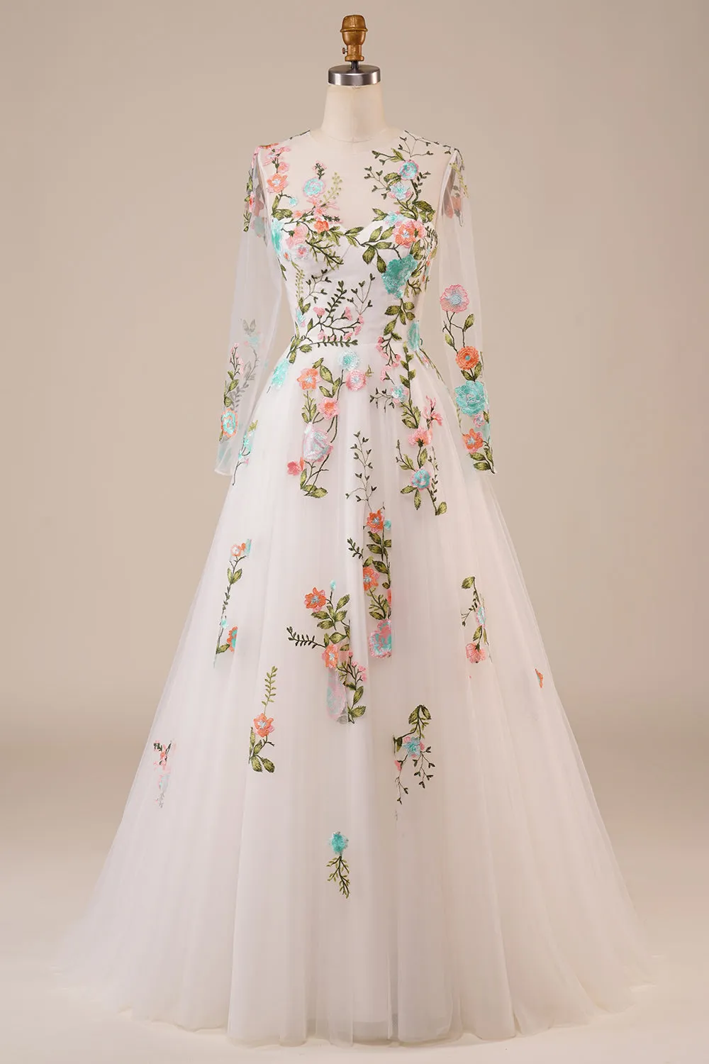 Ivory Flower A-Line Round Neck Sweep Train Wedding Dress with Long Sleeves sold by Wedtrend