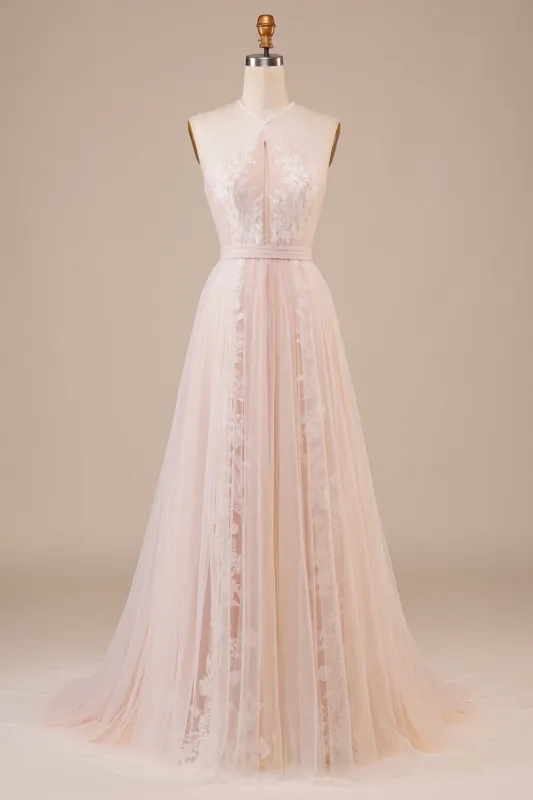 A Line Halter Sweep Train Tulle Wedding Dress with Lace made by Wedtrend