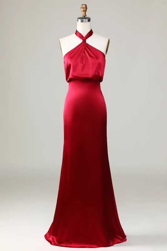 Mermaid Halter Sleeveless Burgundy Bridesmaid Dress sold by Wedtrend