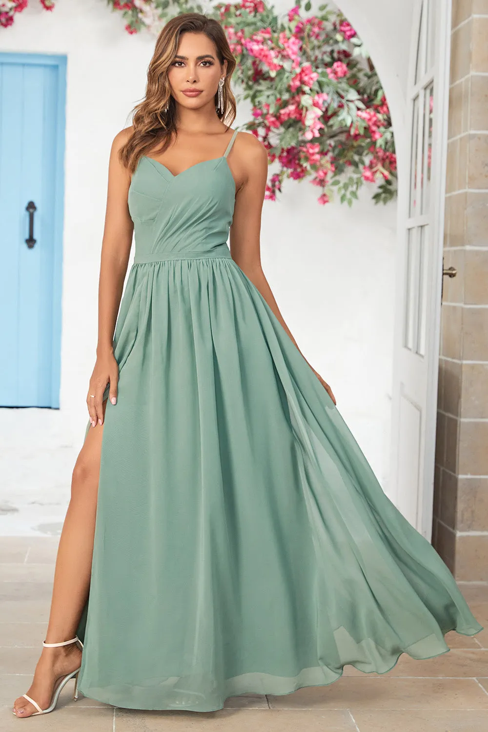 Matcha Spaghetti Straps Corset Long Bridesmaid Dress With Criss Cross Back sold by Wedtrend product image thumbnail 3