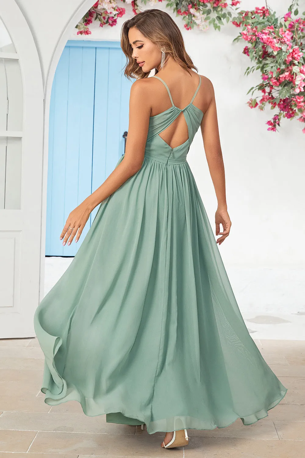 Matcha Spaghetti Straps Corset Long Bridesmaid Dress With Criss Cross Back sold by Wedtrend product image thumbnail 2