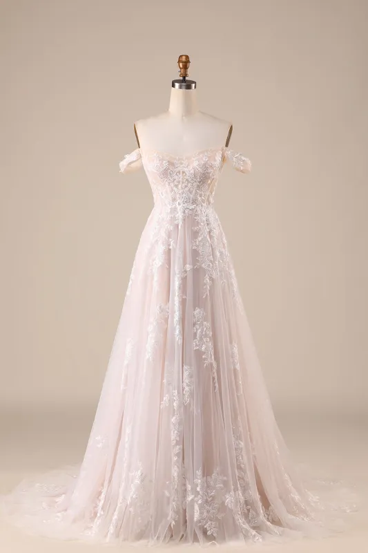 Ivory A Line Detachable Off the Shoulder Corset Tulle Wedding Dress sold by Wedtrend