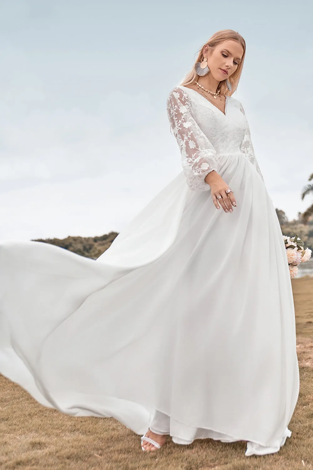 Ivory A Line Sweep Train Chiffon Boho Wedding Dress with Lace sold by Wedtrend product image thumbnail 3
