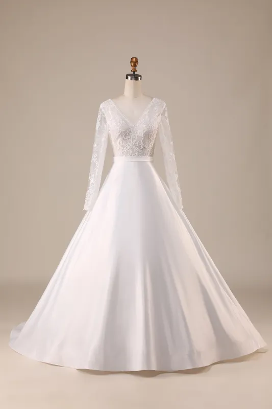Ivory A Line Tulle Backless Wedding Dress with Long Sleeves made by Wedtrend