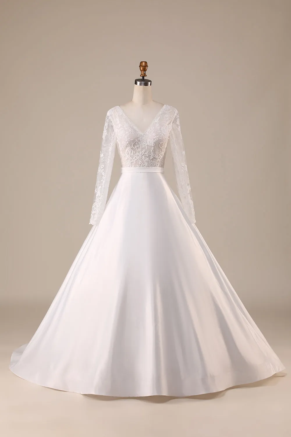 Ivory A Line Tulle Backless Wedding Dress with Long Sleeves sold by Wedtrend