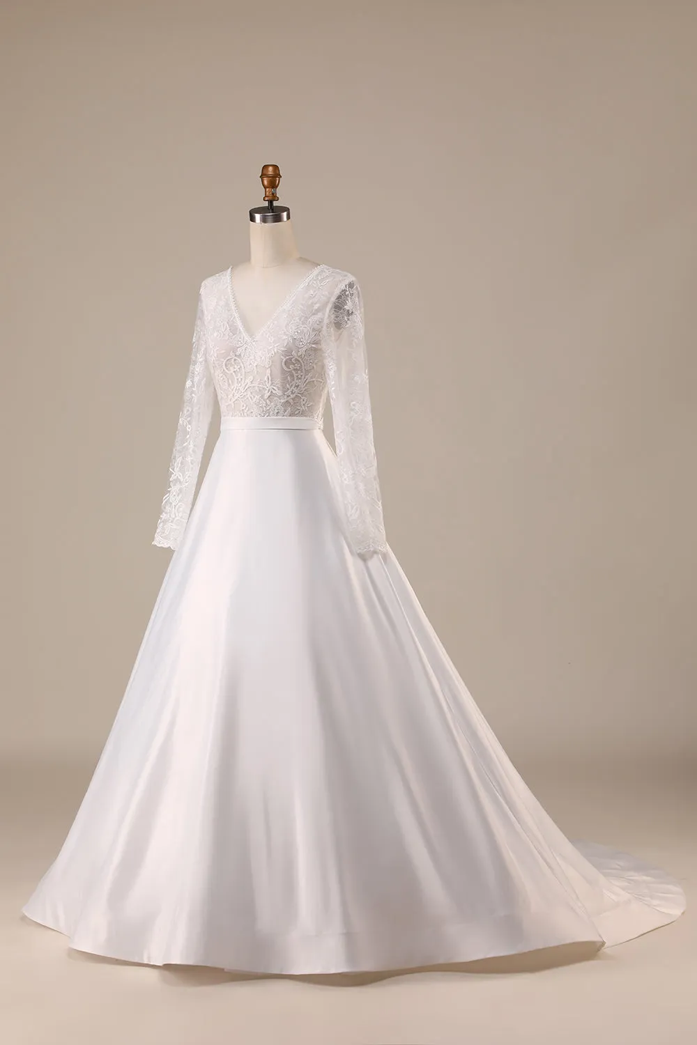 Ivory A Line Tulle Backless Wedding Dress with Long Sleeves sold by Wedtrend product image thumbnail 3
