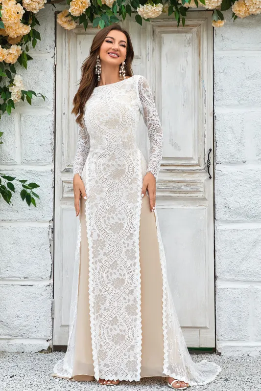 Sheath/Column Sweep Train Tulle Lace Boho Wedding Dress with Long Sleeves made by Wedtrend