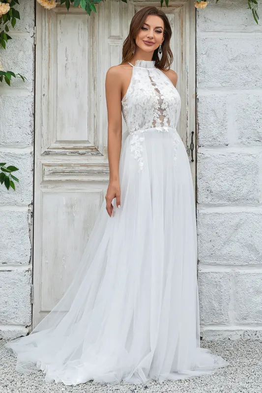 Ivory A-Line Halter Sweep Train Tulle Boho Wedding Dress with Lace sold by Wedtrend