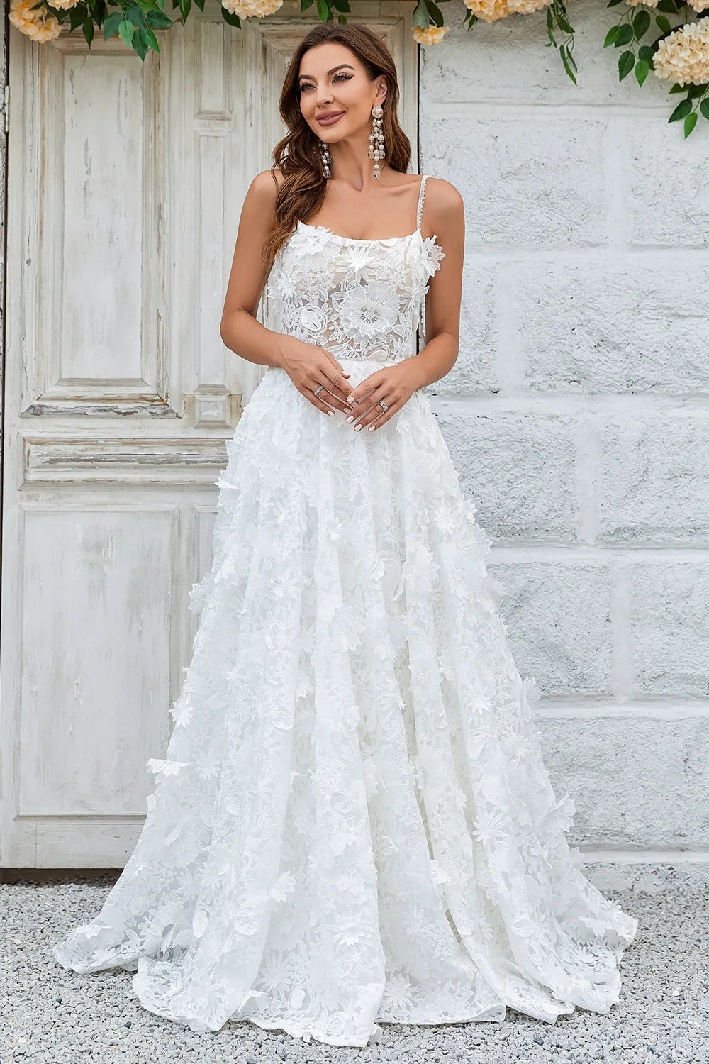 Ivory A Line Spaghetti Straps Sweep Train Lace Wedding Dress with 3D Flowers sold by Wedtrend product image thumbnail 3
