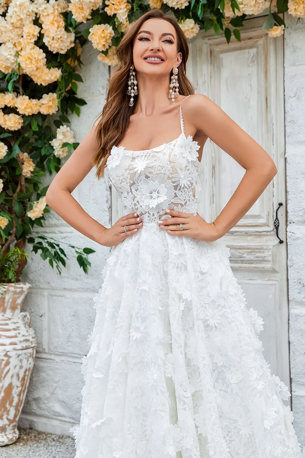 Ivory A Line Spaghetti Straps Sweep Train Lace Wedding Dress with 3D Flowers sold by Wedtrend product image thumbnail 4