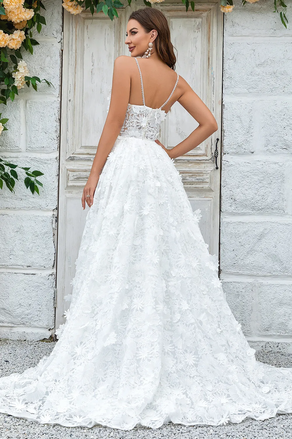 Ivory A Line Spaghetti Straps Sweep Train Lace Wedding Dress with 3D Flowers sold by Wedtrend product image thumbnail 2