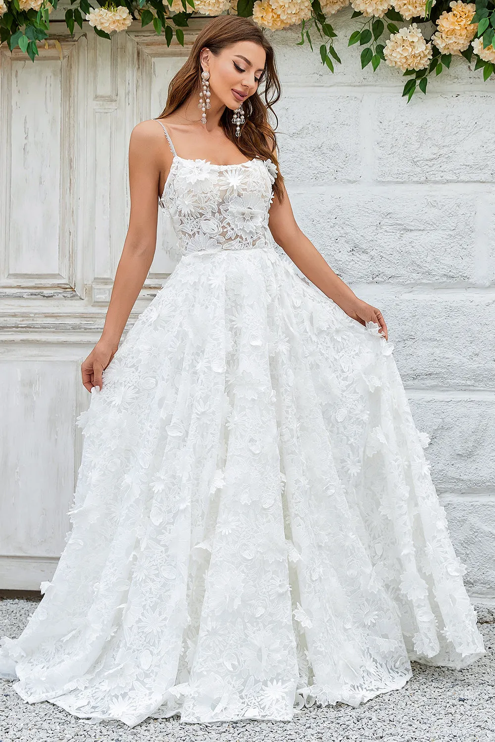 Ivory A Line Spaghetti Straps Sweep Train Lace Wedding Dress with 3D Flowers sold by Wedtrend