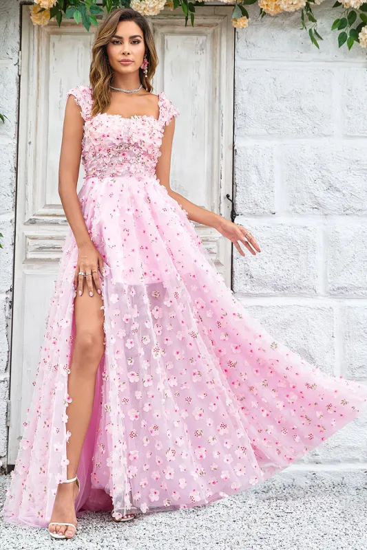 Pink A-line Long Wedding Party Dress with 3D Flowers made by Wedtrend