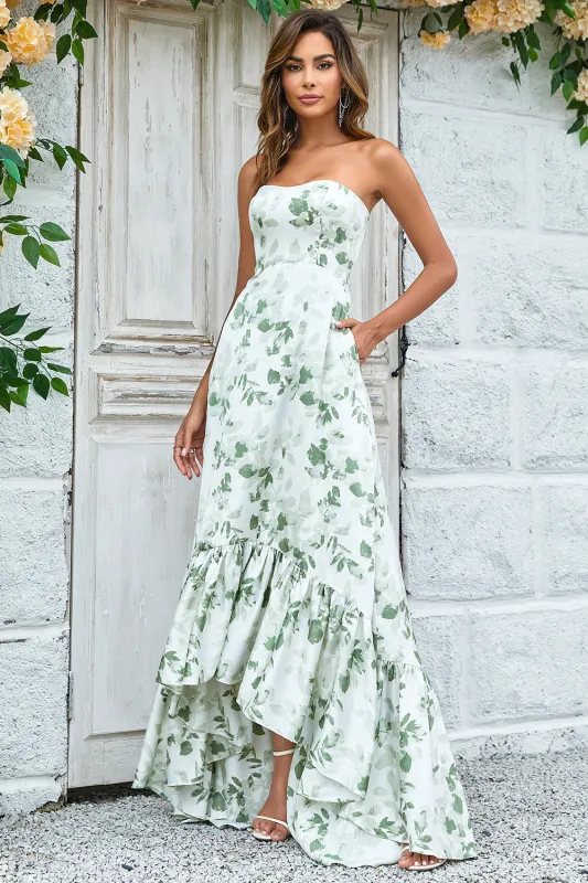 Green Asymmetrical Strapless Print Floral Long Bridesmaid Dress with Pocket sold by Wedtrend